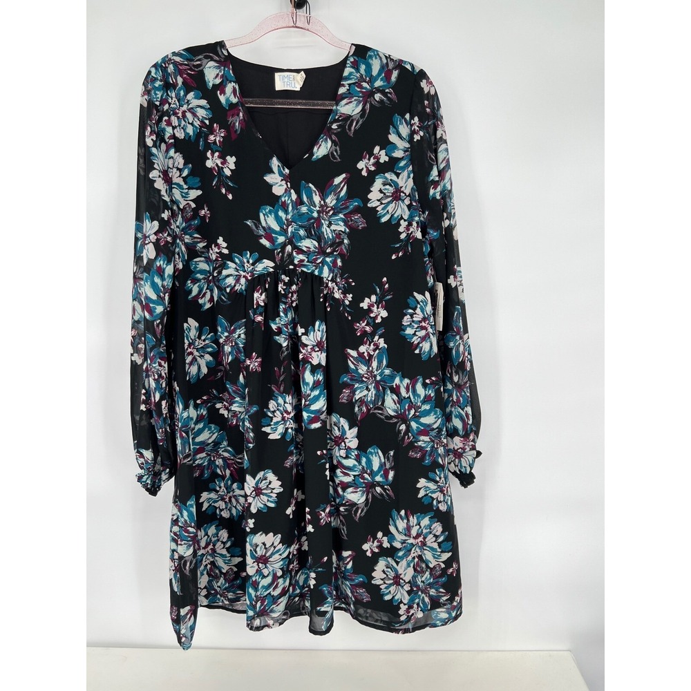 Time and Tru Floral Print Peasant Dress Long Sleeve V Neck Black L NWT